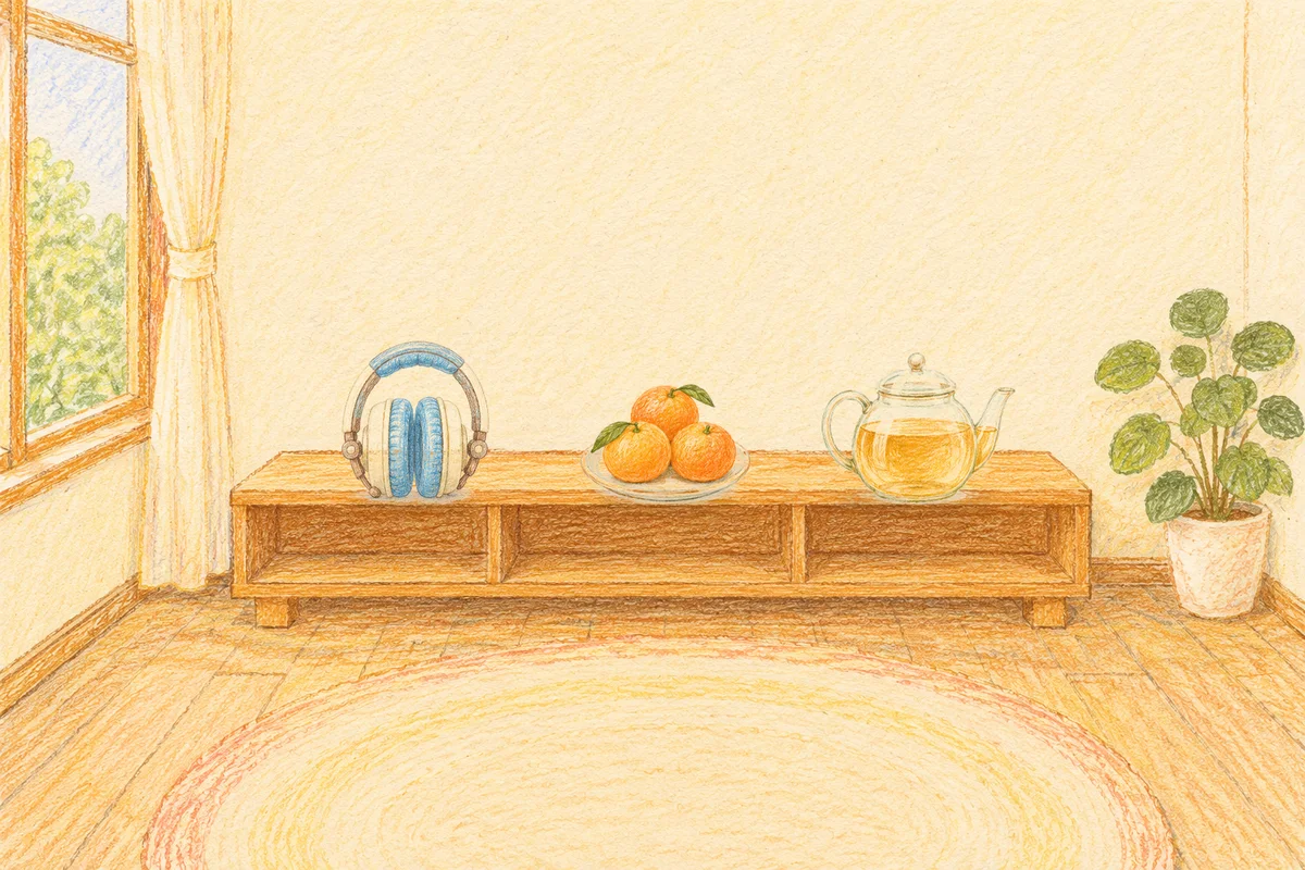 성내동 여성전용 어깨 마사지 안내 그림, 낮의 창가 낮은 선반 위에 놓인 헤드폰, 귤이 담긴 접시, 유리 티포트