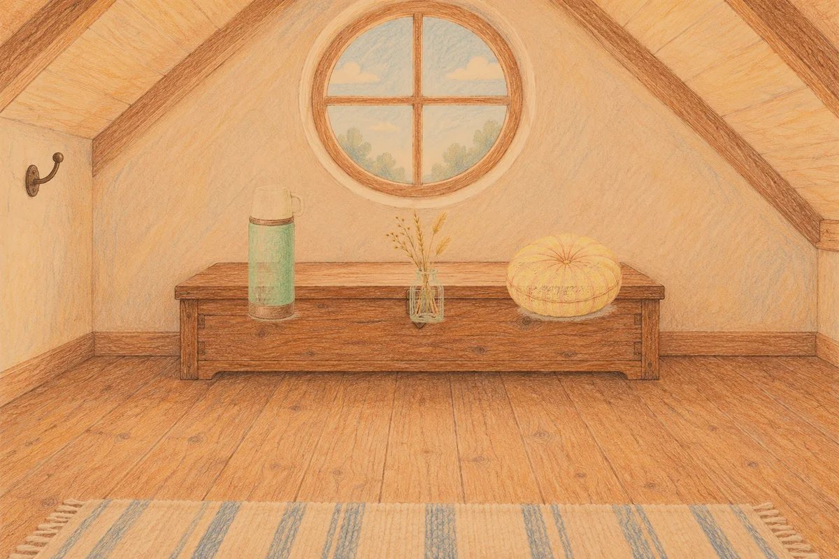 성내동 여성전용 두통 완화 마사지 안내 그림, 저녁의 다락방 나무 궤짝 위에 놓인 보온병, 마른 풀을 꽂은 항아리, 둥근 쿠션