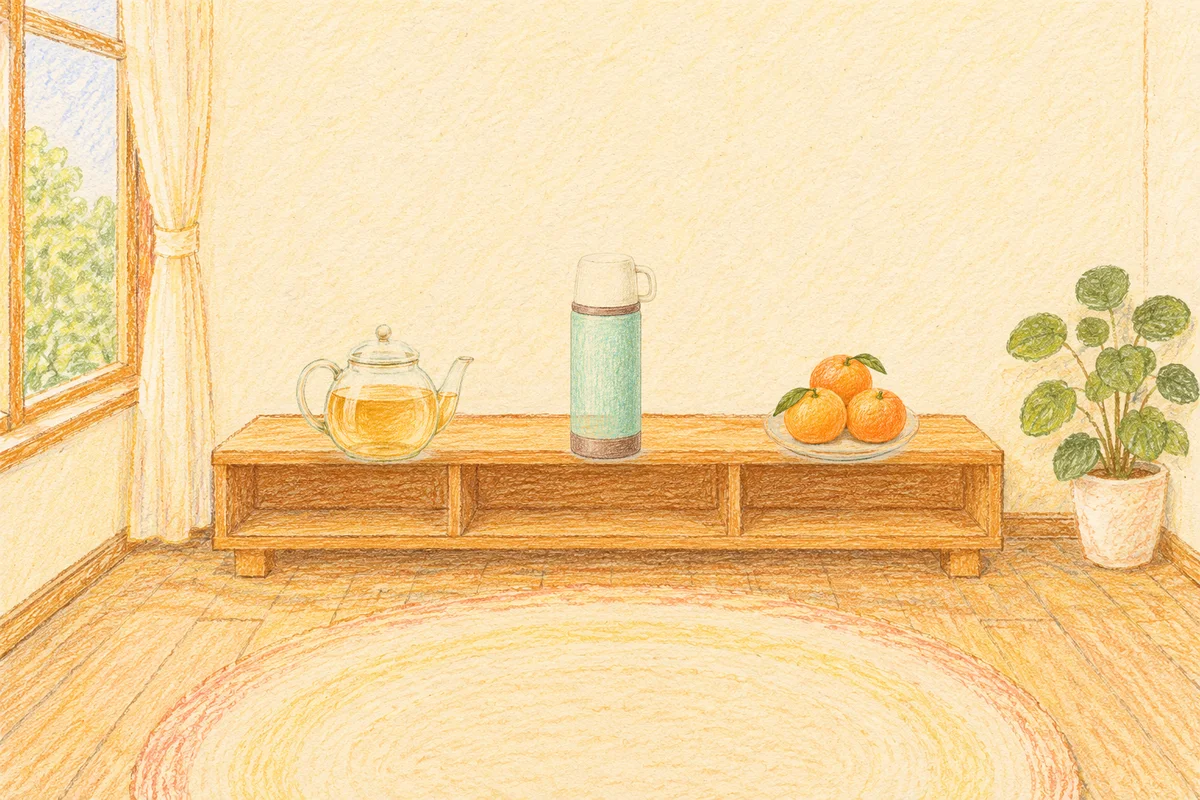 성내동 여성전용 스트레스 케어 안내 그림, 낮의 창가 낮은 선반 위에 놓인 유리 티포트, 보온병, 귤이 담긴 접시