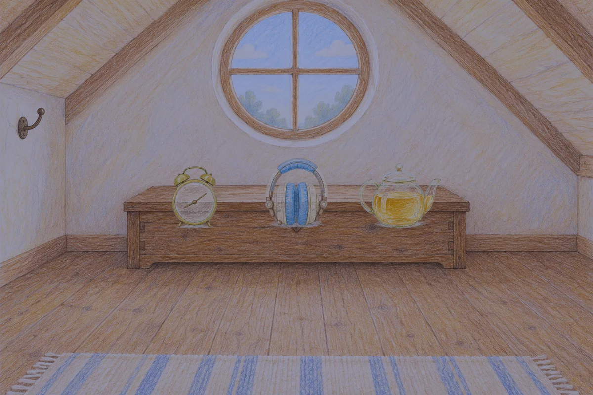 성내동 여성전용 얼굴 마사지 안내 그림, 밤의 다락방 나무 궤짝 위에 놓인 둥근 알람시계, 헤드폰, 유리 티포트