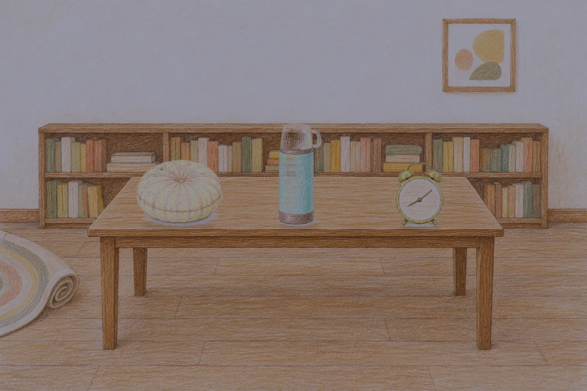 성내동 여성전용 브라이덜 케어 안내 그림, 밤의 서재 긴 책상 위에 놓인 둥근 쿠션, 보온병, 둥근 알람시계