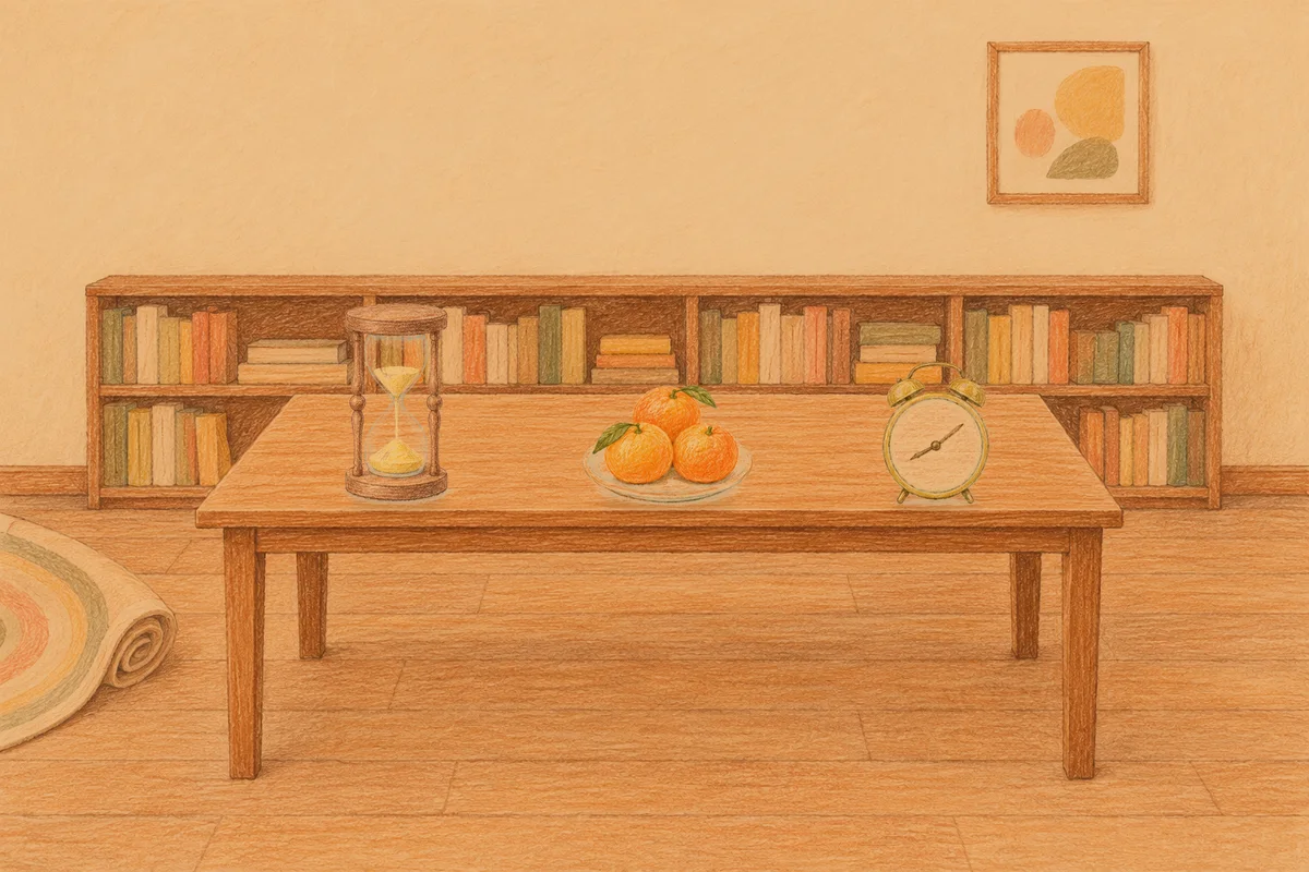 성내동 여성전용 샵 마사지 안내 그림, 저녁의 서재 긴 책상 위에 놓인 모래시계, 귤이 담긴 접시, 둥근 알람시계