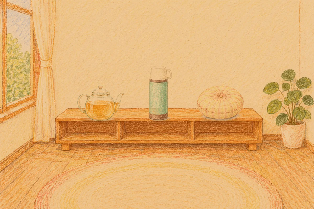 성내동 여성전용 후기 마사지 안내 그림, 저녁의 창가 낮은 선반 위에 놓인 유리 티포트, 보온병, 둥근 쿠션