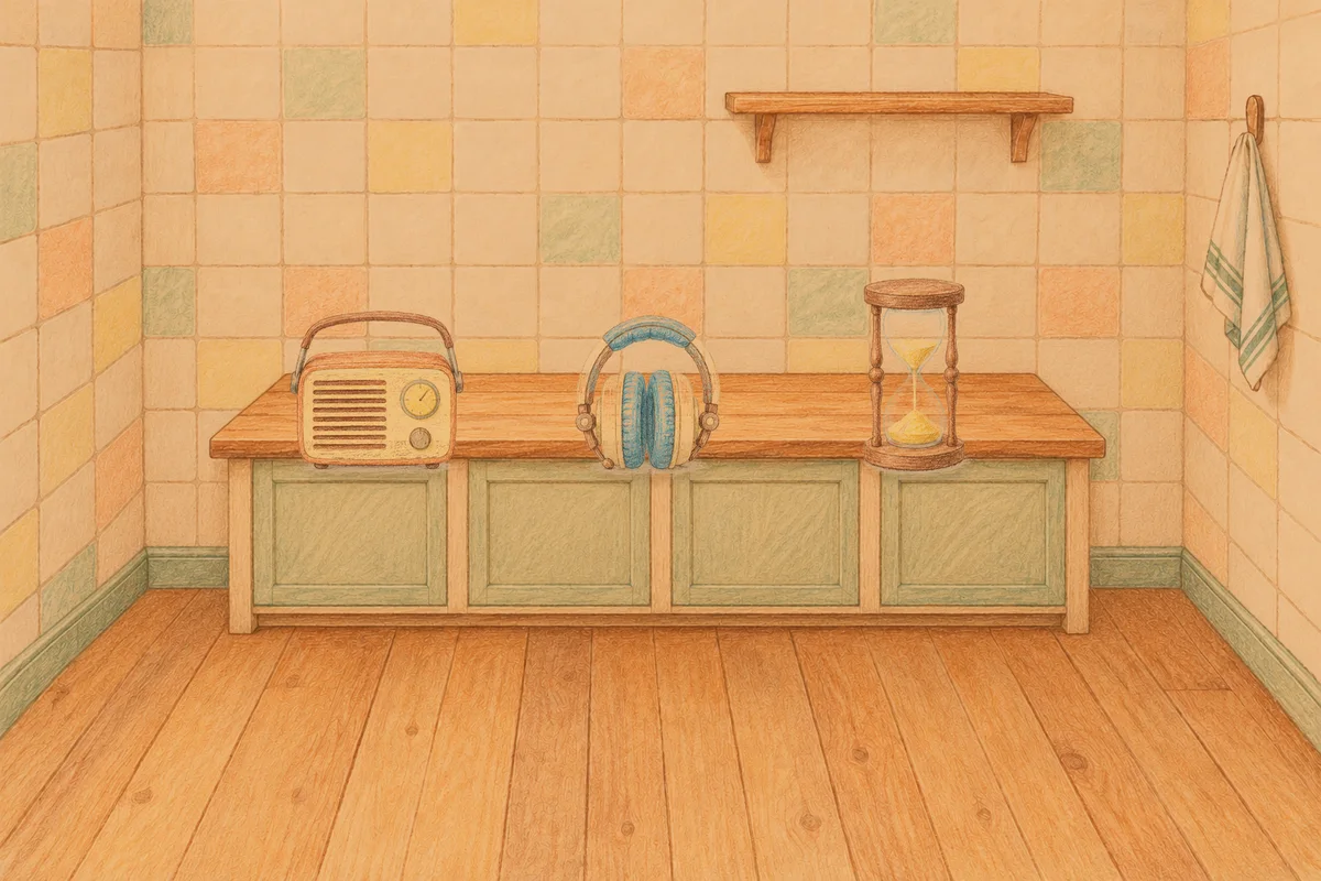 성내동 여성전용 가격 마사지 안내 그림, 저녁의 부엌 나무 조리대 위에 놓인 작은 라디오, 헤드폰, 모래시계