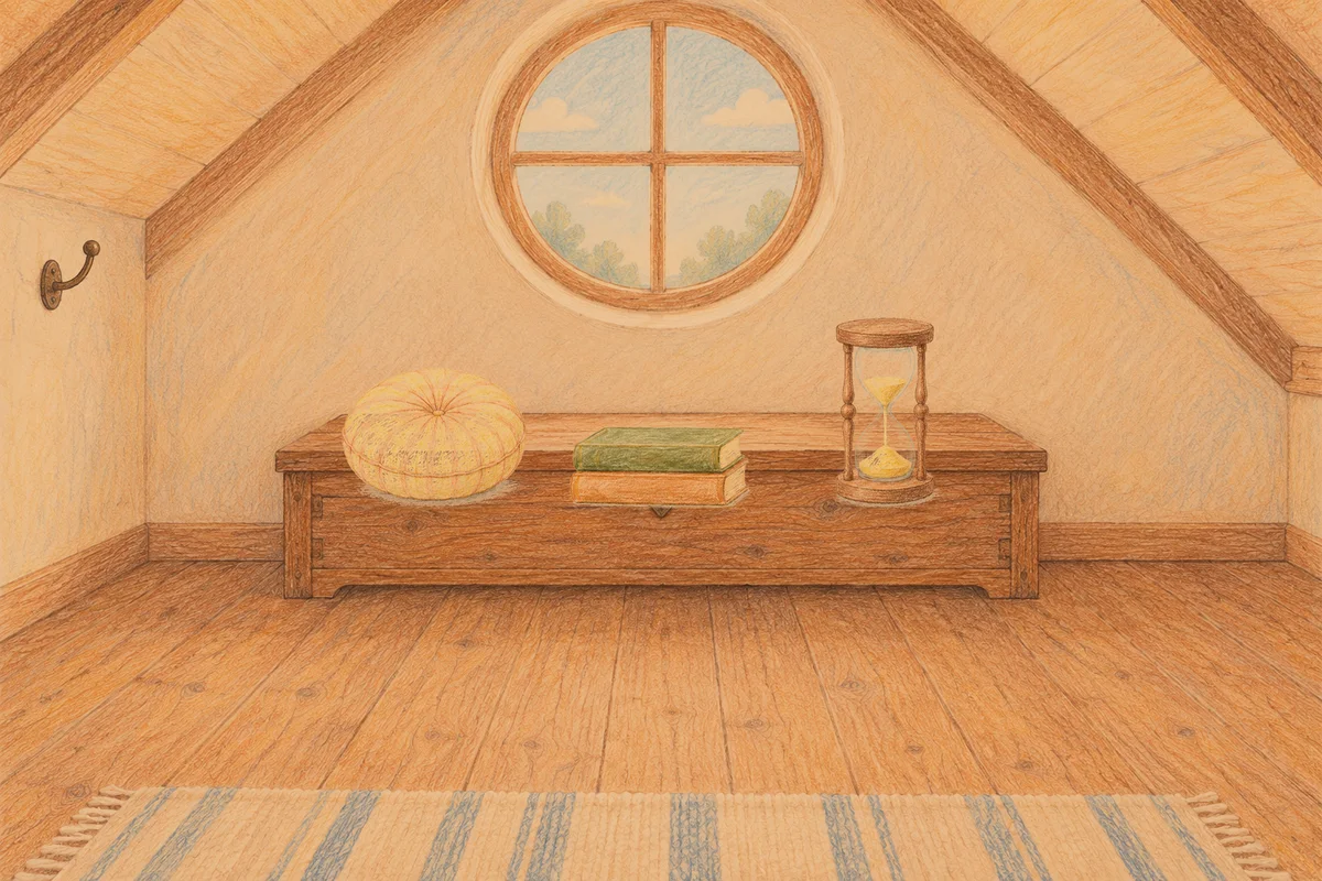 길동 여성전용 스웨디시 홈케어 안내 그림, 저녁의 다락방 나무 궤짝 위에 놓인 둥근 쿠션, 책 두 권, 모래시계