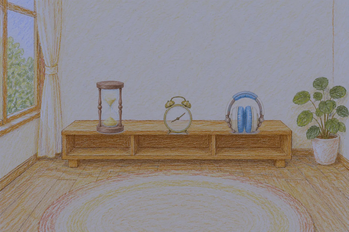 길동 여성전용 아로마 추천 안내 그림, 밤의 창가 낮은 선반 위에 놓인 모래시계, 둥근 알람시계, 헤드폰