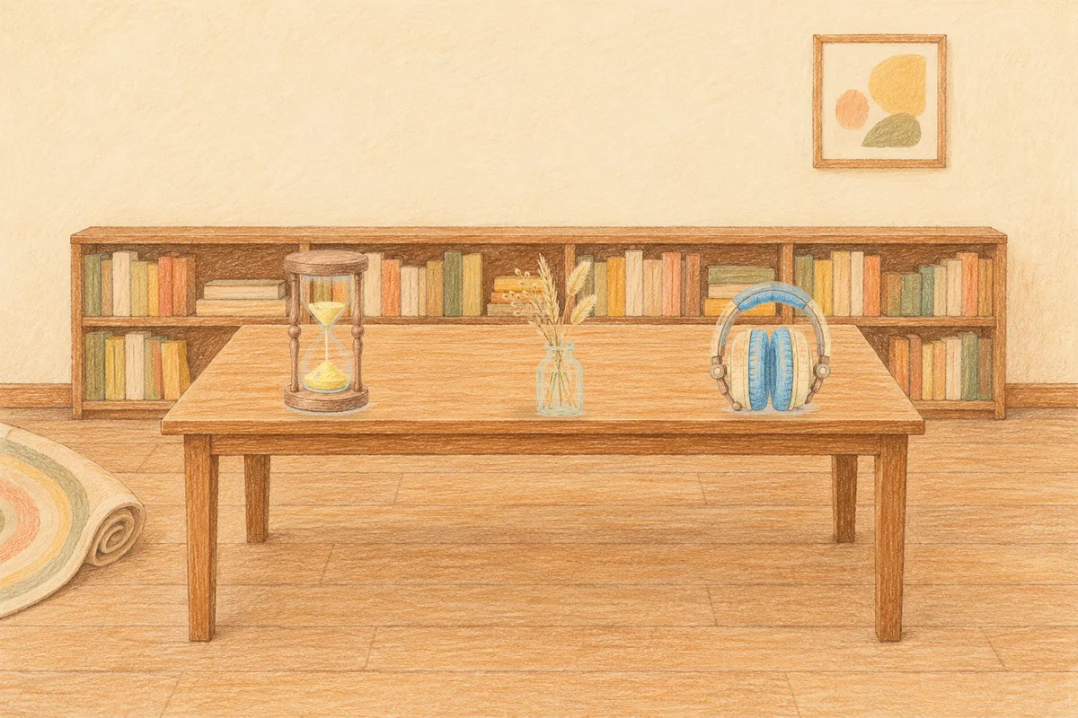 길동 여성전용 경락 마사지 안내 그림, 낮의 서재 긴 책상 위에 놓인 모래시계, 마른 풀을 꽂은 항아리, 헤드폰