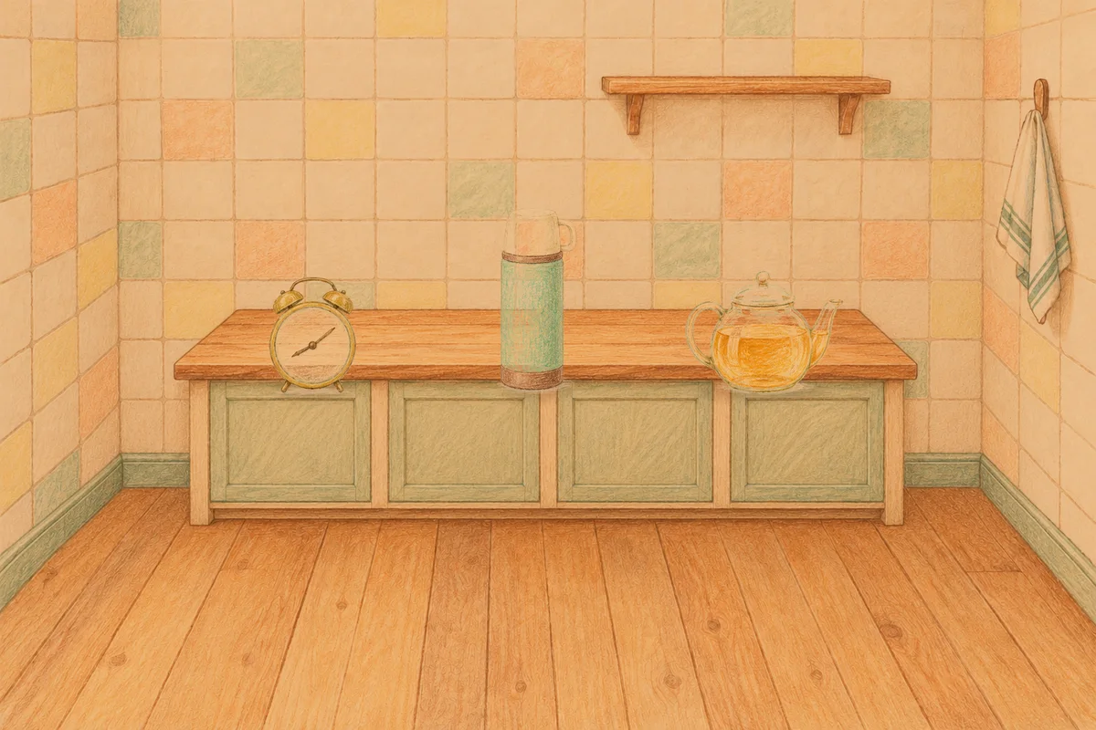 길동 여성전용 얼굴 경락 안내 그림, 저녁의 부엌 나무 조리대 위에 놓인 둥근 알람시계, 보온병, 유리 티포트