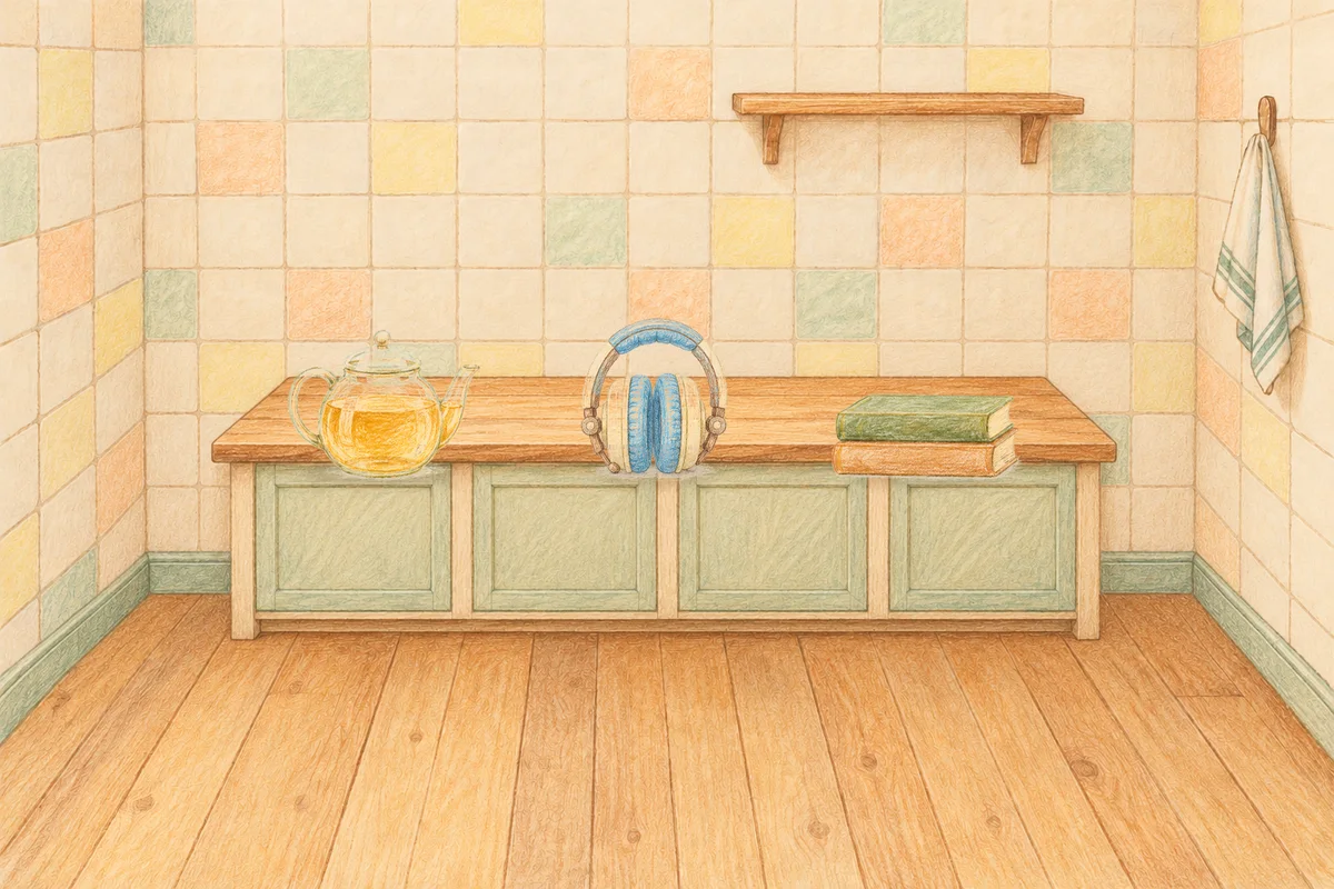 길동 여성전용 경락마사지 후기 안내 그림, 낮의 부엌 나무 조리대 위에 놓인 유리 티포트, 헤드폰, 책 두 권