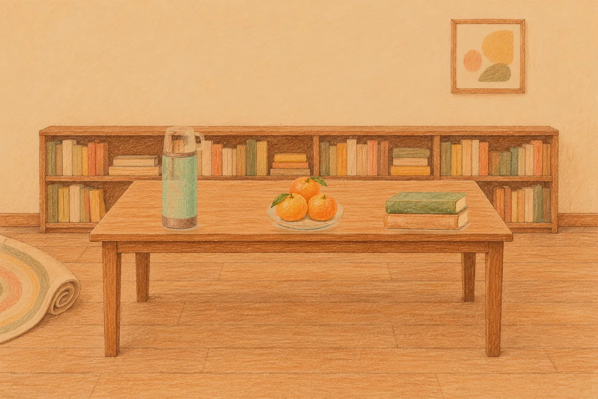 길동 여성전용 경락 추천 안내 그림, 저녁의 서재 긴 책상 위에 놓인 보온병, 귤이 담긴 접시, 책 두 권