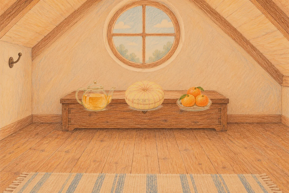길동 여성전용 홈케어 안내 그림, 저녁의 다락방 나무 궤짝 위에 놓인 유리 티포트, 둥근 쿠션, 귤이 담긴 접시