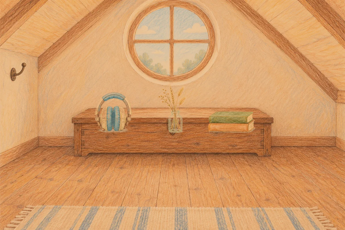 길동 여성전용 방문 홈케어 안내 그림, 저녁의 다락방 나무 궤짝 위에 놓인 헤드폰, 마른 풀을 꽂은 항아리, 책 두 권