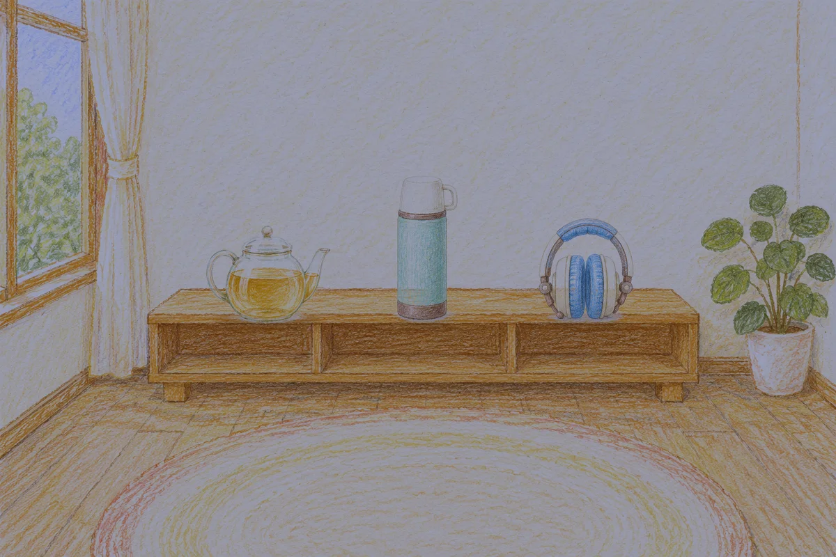 길동 여성전용 1인샵 안내 그림, 밤의 창가 낮은 선반 위에 놓인 유리 티포트, 보온병, 헤드폰