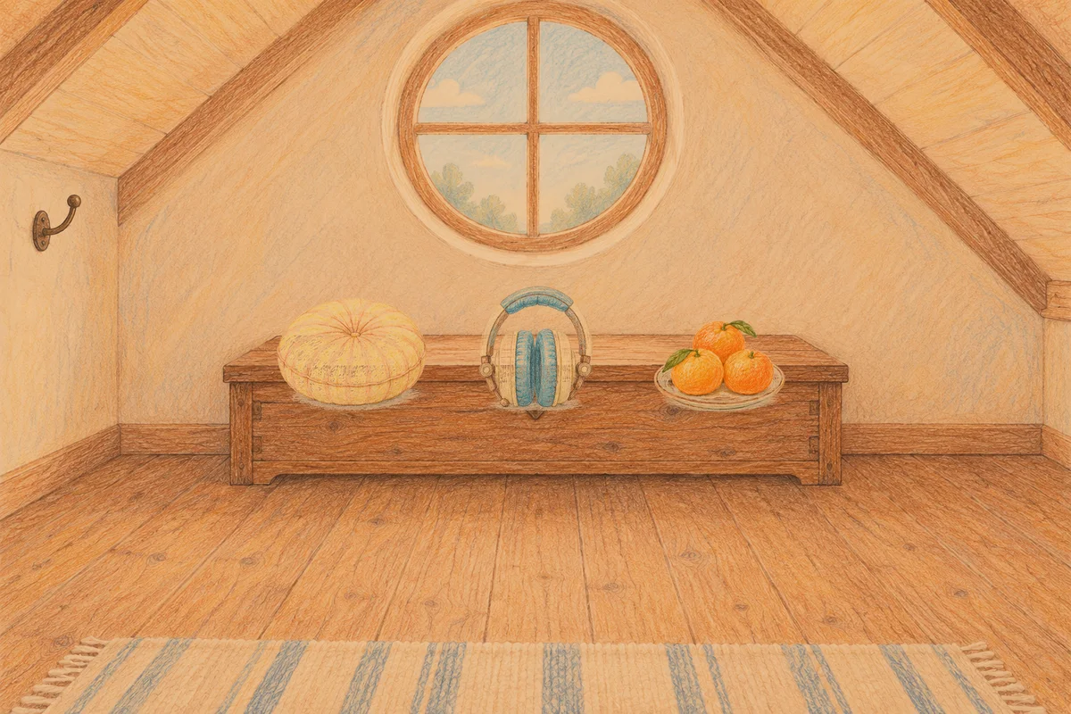 길동 여성전용 프라이빗 케어 안내 그림, 저녁의 다락방 나무 궤짝 위에 놓인 둥근 쿠션, 헤드폰, 귤이 담긴 접시