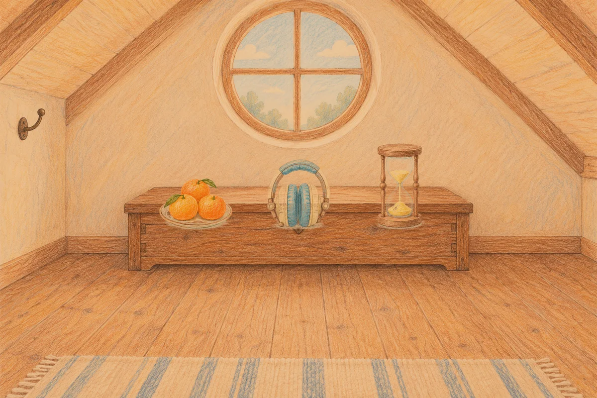 길동 여성전용 홈케어 후기 안내 그림, 저녁의 다락방 나무 궤짝 위에 놓인 귤이 담긴 접시, 헤드폰, 모래시계