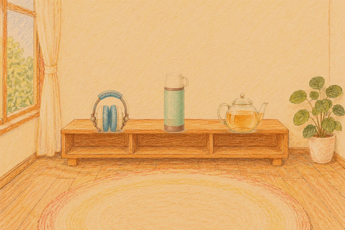 길동 여성전용 발관리 안내 그림, 저녁의 창가 낮은 선반 위에 놓인 헤드폰, 보온병, 유리 티포트