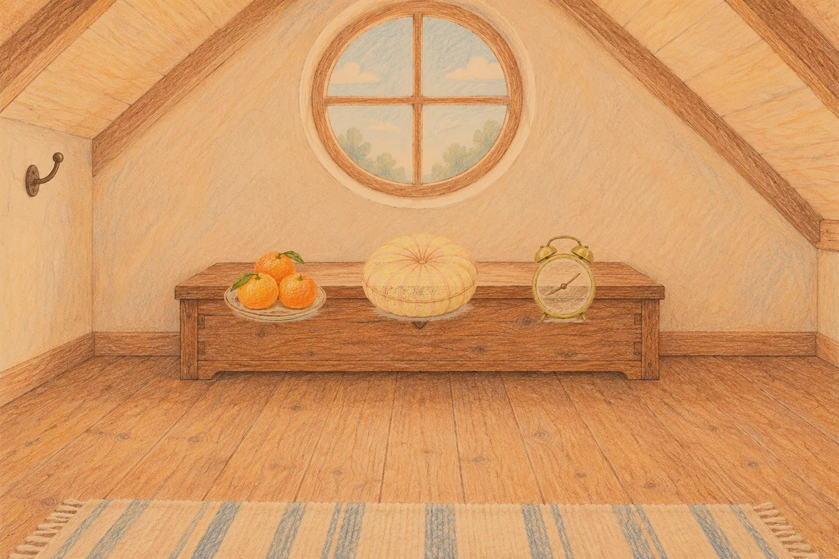길동 여성전용 발관리 추천 안내 그림, 저녁의 다락방 나무 궤짝 위에 놓인 귤이 담긴 접시, 둥근 쿠션, 둥근 알람시계