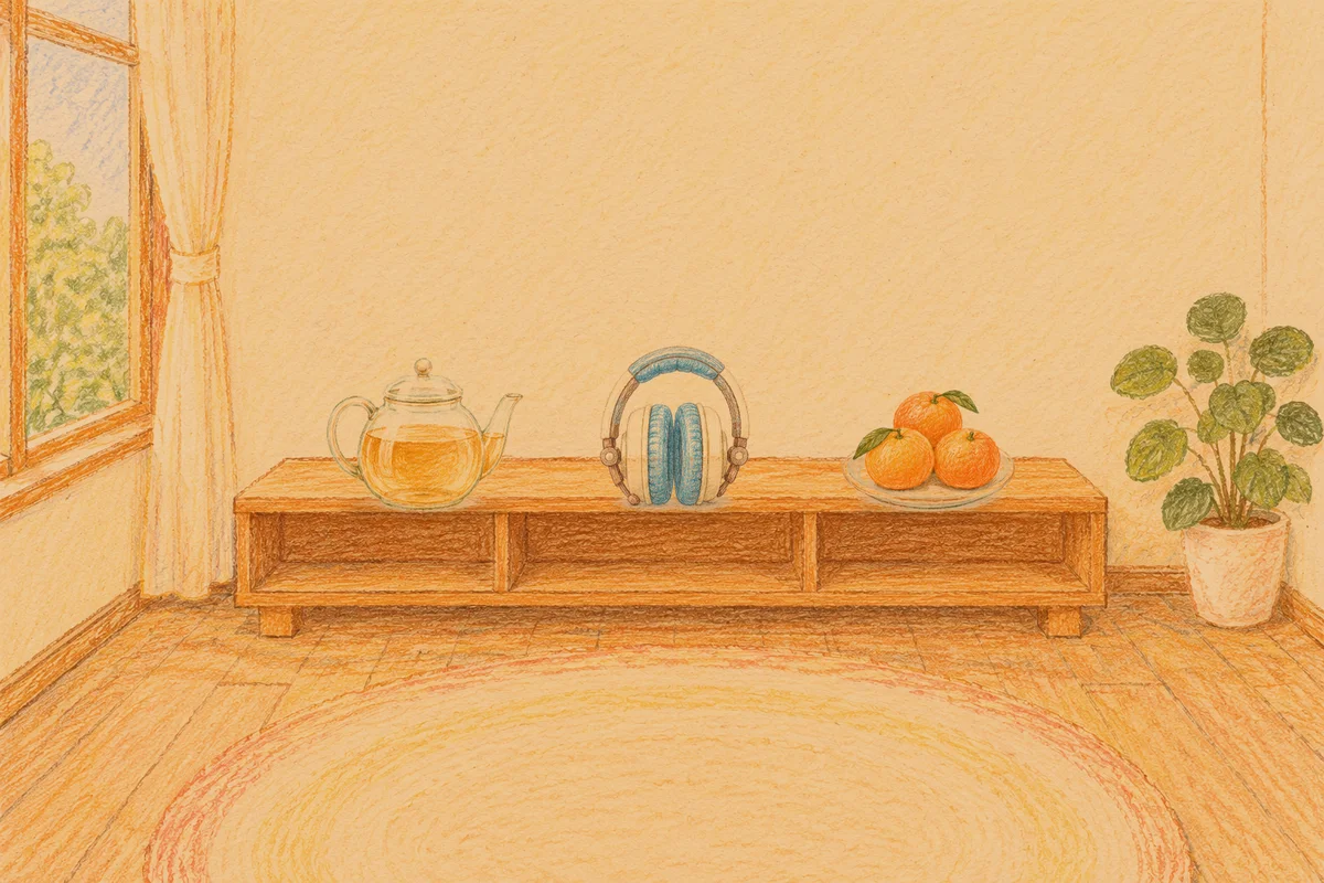 길동 여성전용 림프 마사지 안내 그림, 저녁의 창가 낮은 선반 위에 놓인 유리 티포트, 헤드폰, 귤이 담긴 접시