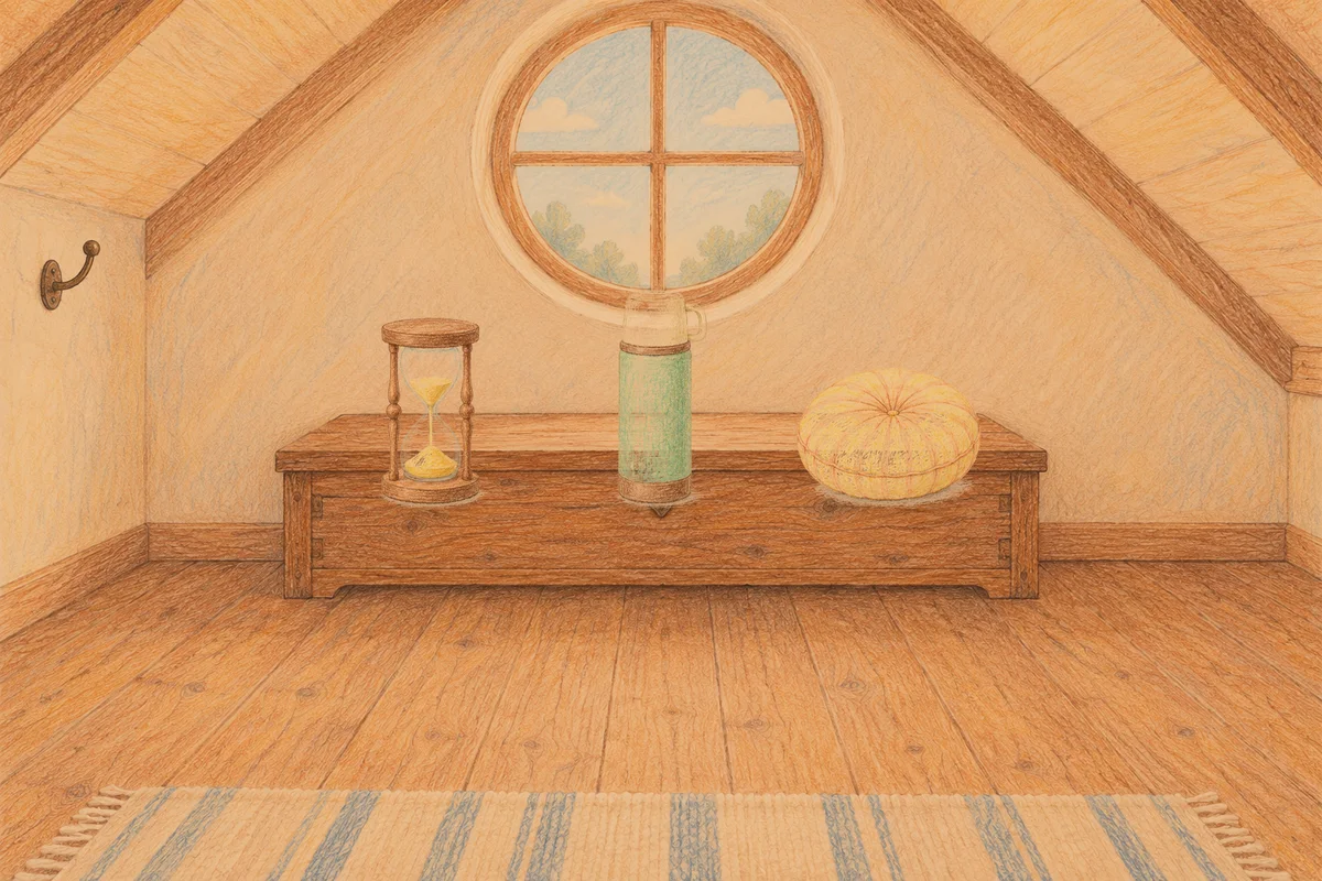 길동 여성전용 디톡스 마사지 안내 그림, 저녁의 다락방 나무 궤짝 위에 놓인 모래시계, 보온병, 둥근 쿠션