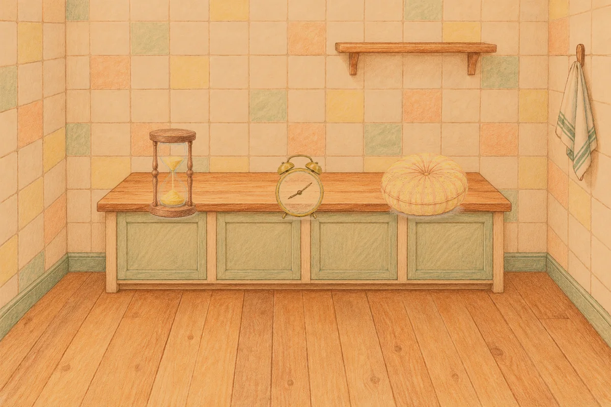 길동 여성전용 복부 마사지 안내 그림, 저녁의 부엌 나무 조리대 위에 놓인 모래시계, 둥근 알람시계, 둥근 쿠션