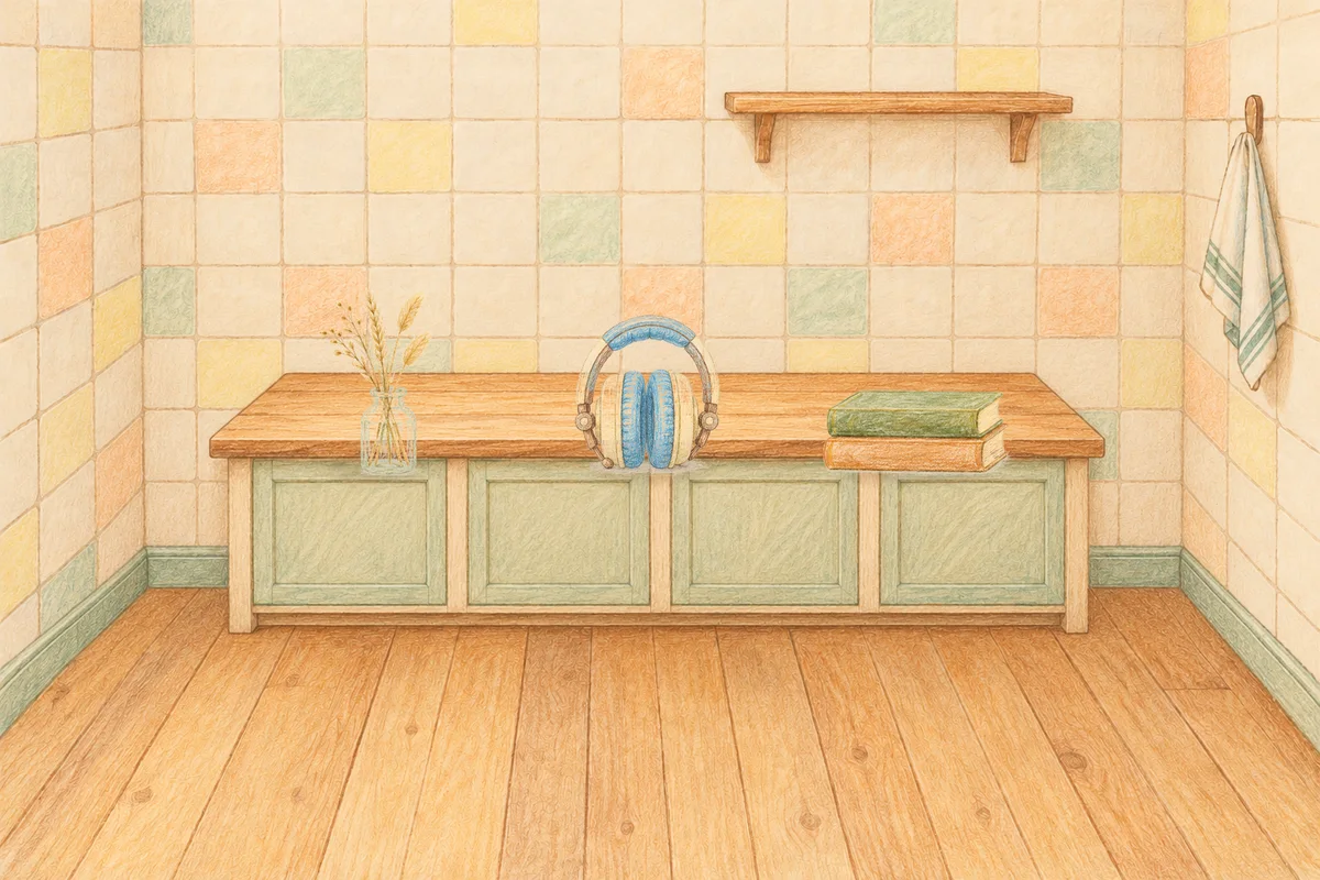 길동 여성전용 종아리 케어 안내 그림, 낮의 부엌 나무 조리대 위에 놓인 마른 풀을 꽂은 항아리, 헤드폰, 책 두 권