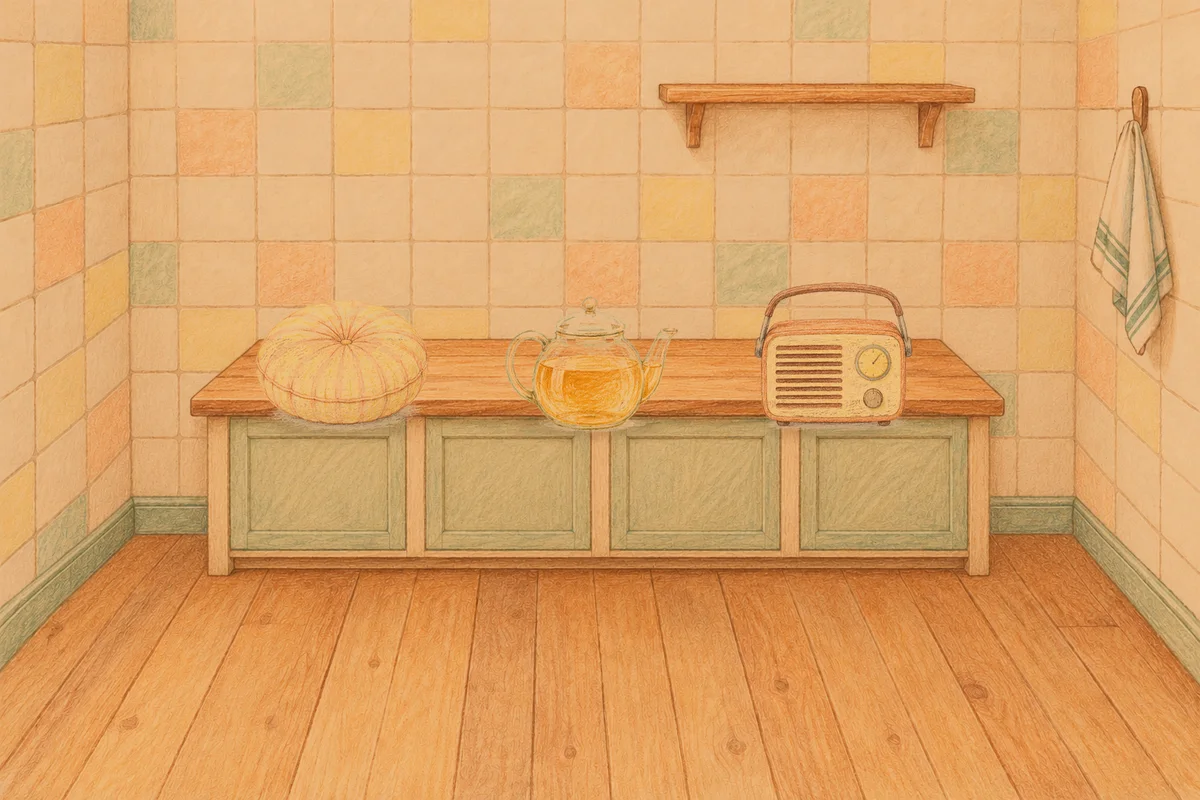 길동 여성전용 두피 케어 안내 그림, 저녁의 부엌 나무 조리대 위에 놓인 둥근 쿠션, 유리 티포트, 작은 라디오