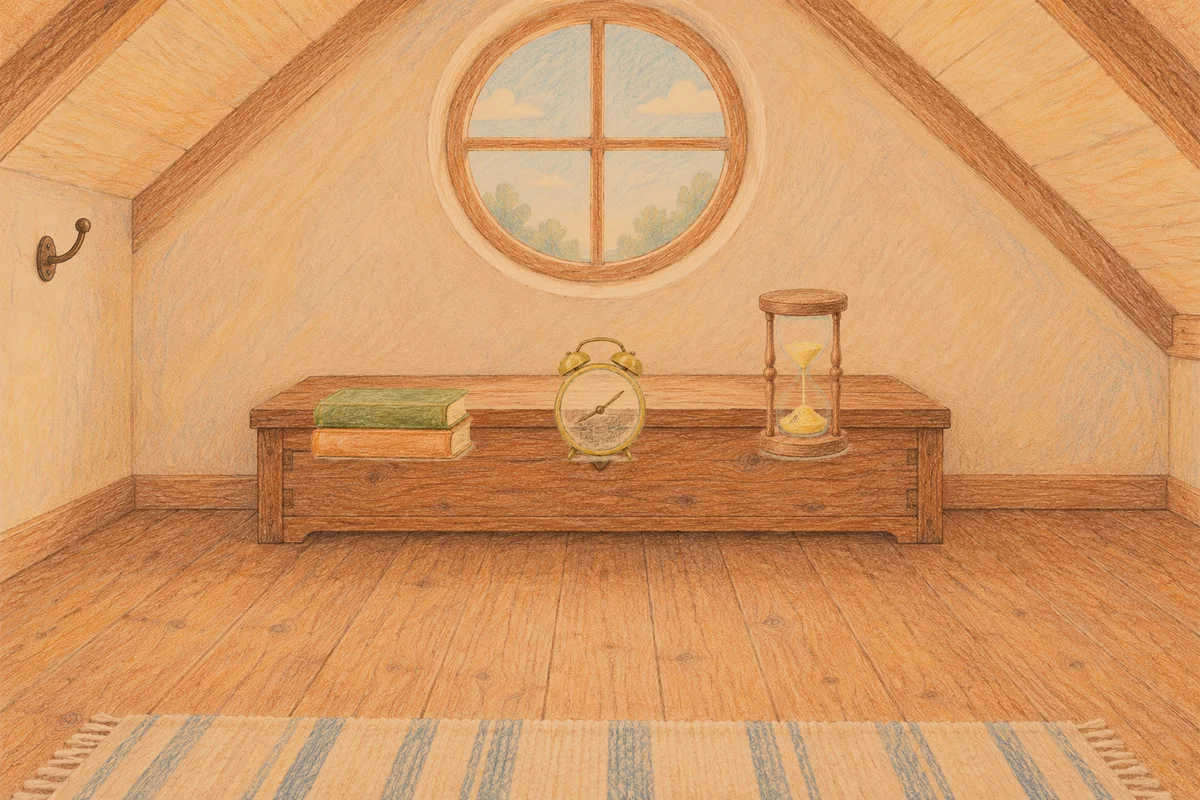 길동 여성전용 목 어깨 케어 안내 그림, 저녁의 다락방 나무 궤짝 위에 놓인 책 두 권, 둥근 알람시계, 모래시계