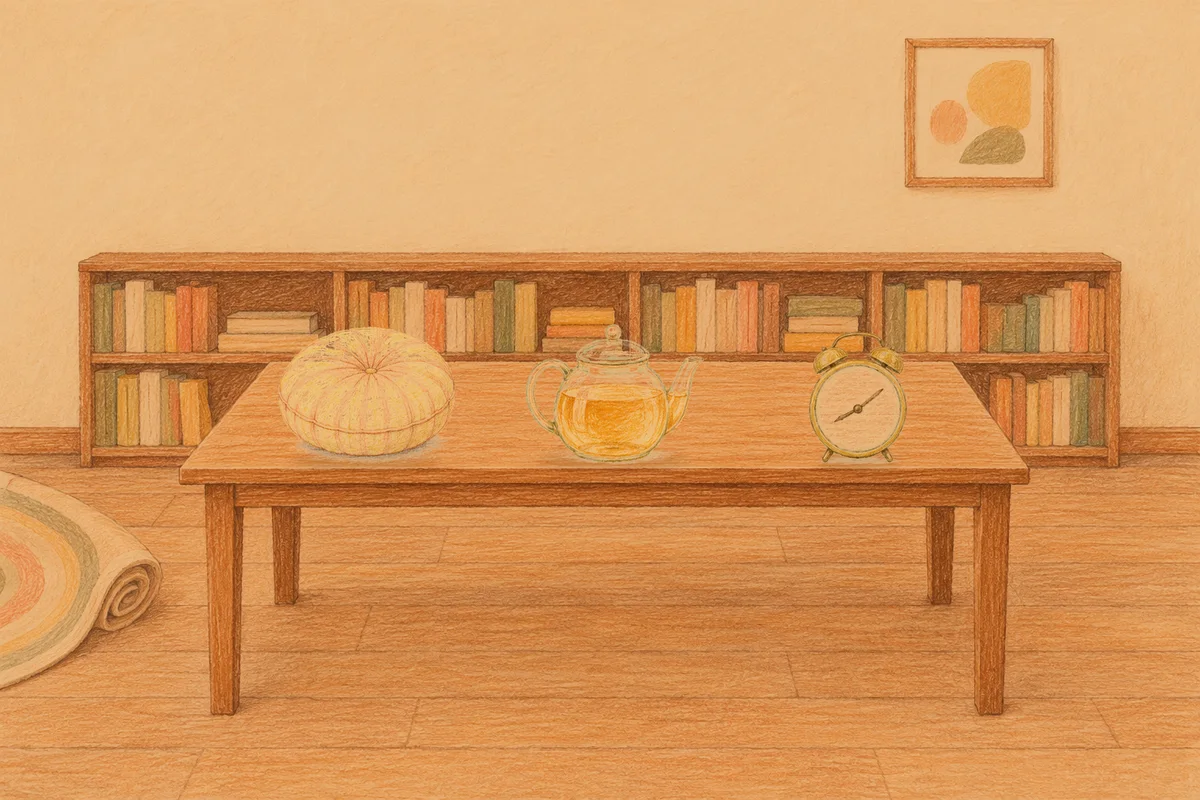 길동 여성전용 두통 완화 마사지 안내 그림, 저녁의 서재 긴 책상 위에 놓인 둥근 쿠션, 유리 티포트, 둥근 알람시계