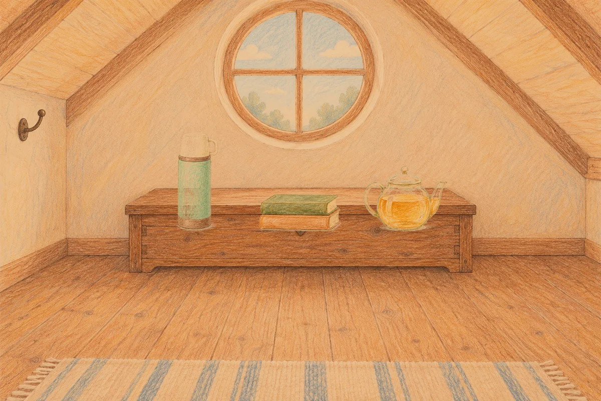 길동 여성전용 페이셜 마사지 안내 그림, 저녁의 다락방 나무 궤짝 위에 놓인 보온병, 책 두 권, 유리 티포트