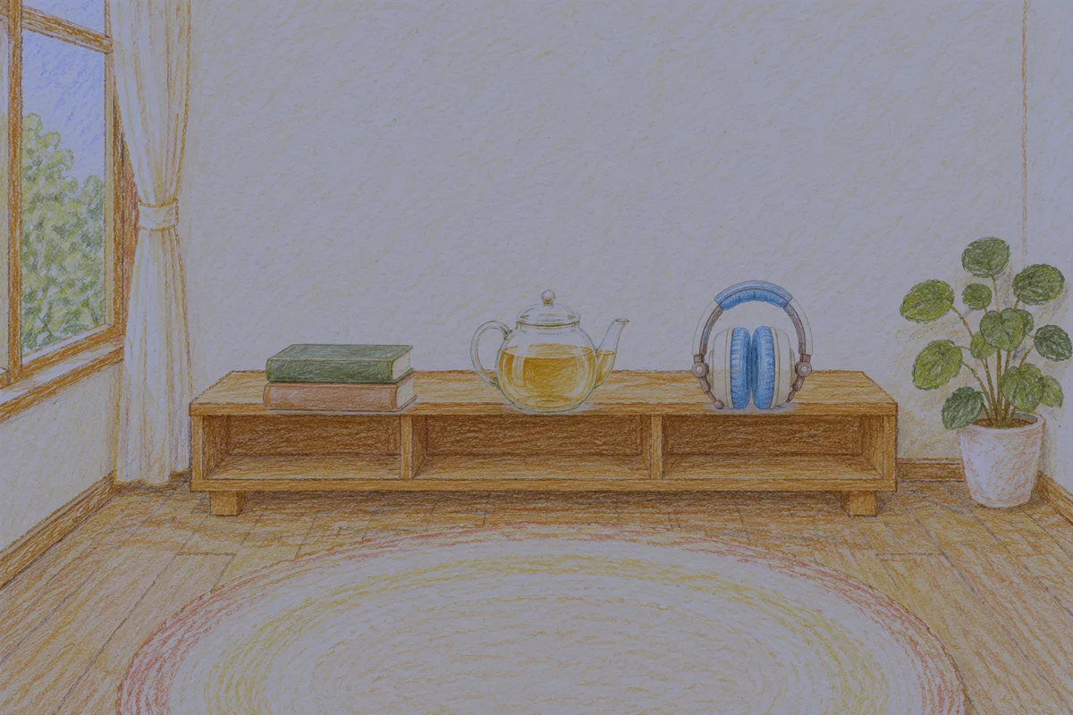 길동 여성전용 얼굴 마사지 안내 그림, 밤의 창가 낮은 선반 위에 놓인 책 두 권, 유리 티포트, 헤드폰