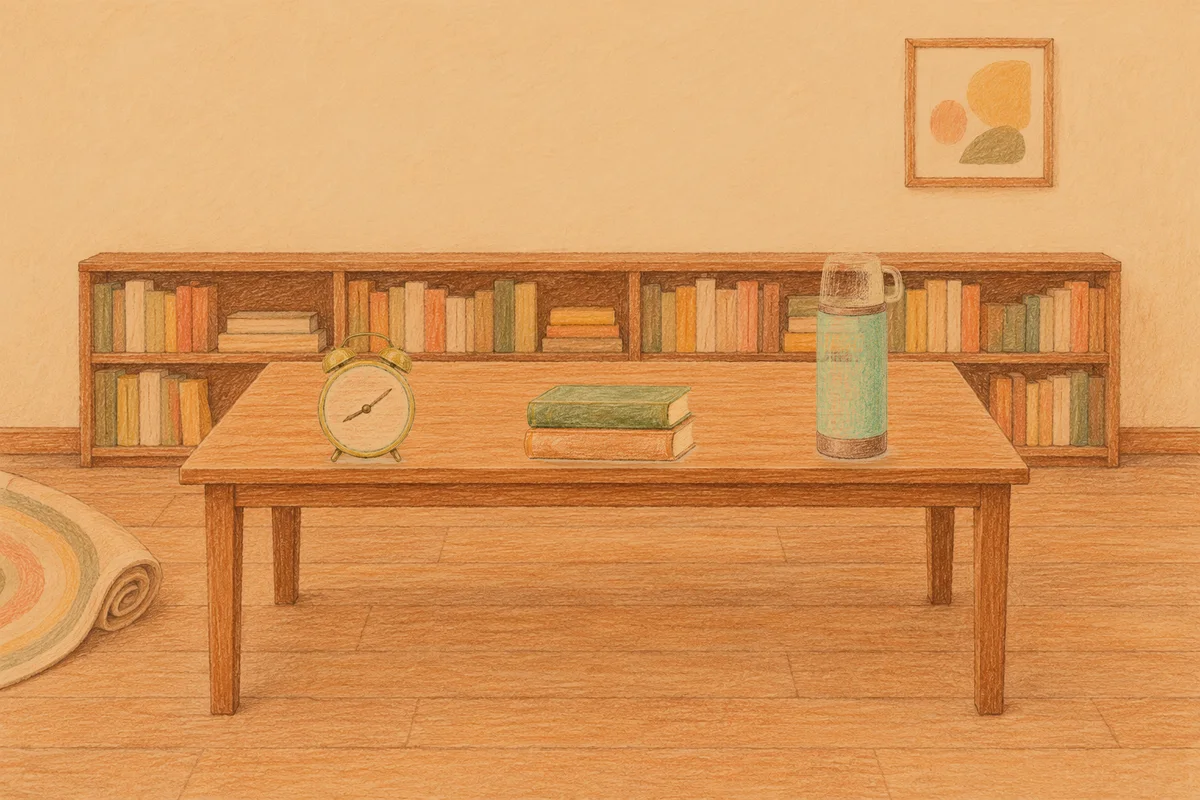길동 여성전용 림프 페이셜 안내 그림, 저녁의 서재 긴 책상 위에 놓인 둥근 알람시계, 책 두 권, 보온병