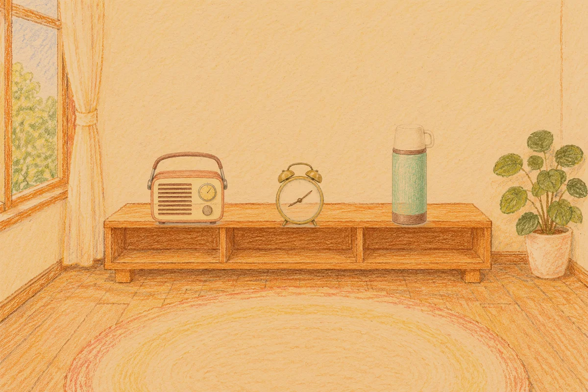 길동 여성전용 안티에이징 케어 안내 그림, 저녁의 창가 낮은 선반 위에 놓인 작은 라디오, 둥근 알람시계, 보온병