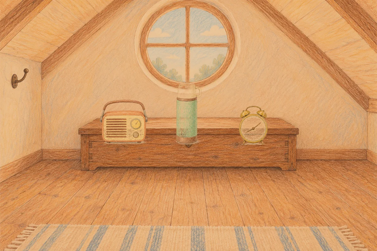 길동 여성전용 출장 마사지 안내 그림, 저녁의 다락방 나무 궤짝 위에 놓인 작은 라디오, 보온병, 둥근 알람시계