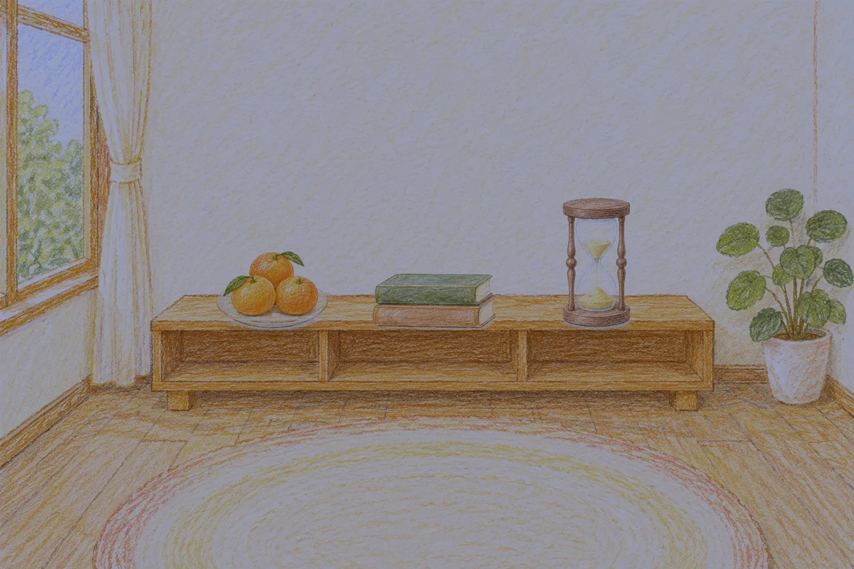 길동 여성전용 출장 마사지 후기 안내 그림, 밤의 창가 낮은 선반 위에 놓인 귤이 담긴 접시, 책 두 권, 모래시계