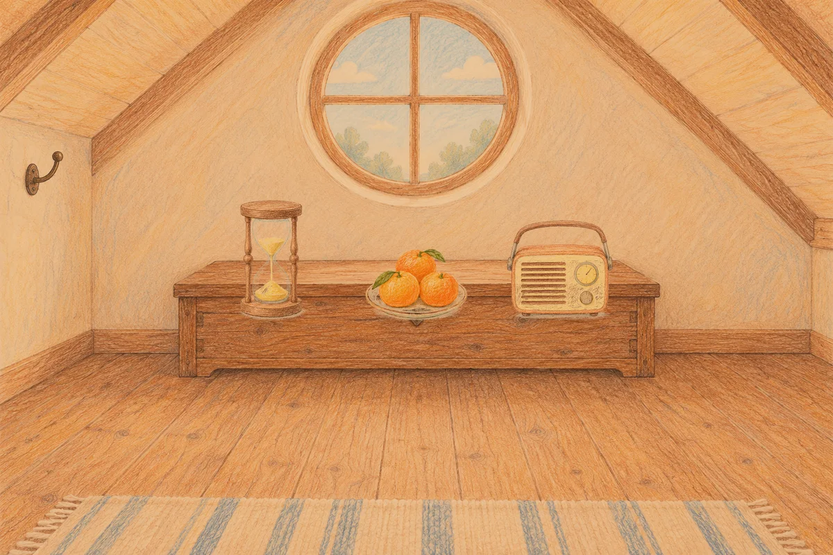 둔촌동 여성전용 아로마 마사지 안내 그림, 저녁의 다락방 나무 궤짝 위에 놓인 모래시계, 귤이 담긴 접시, 작은 라디오