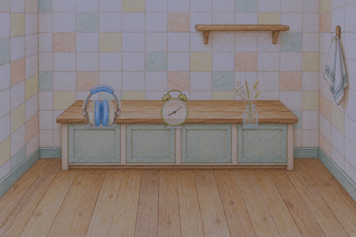 둔촌동 여성전용 아로마 마사지 후기 안내 그림, 밤의 부엌 나무 조리대 위에 놓인 헤드폰, 둥근 알람시계, 마른 풀을 꽂은 항아리
