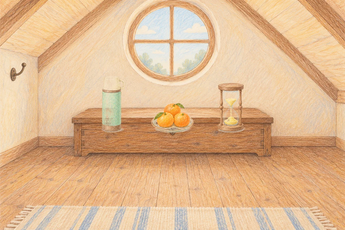 둔촌동 여성전용 아로마 가격 안내 그림, 낮의 다락방 나무 궤짝 위에 놓인 보온병, 귤이 담긴 접시, 모래시계