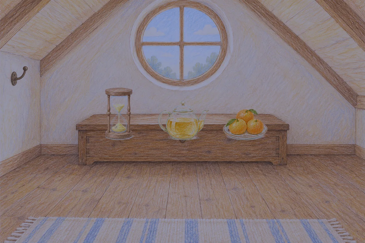 둔촌동 여성전용 아로마 추천 안내 그림, 밤의 다락방 나무 궤짝 위에 놓인 모래시계, 유리 티포트, 귤이 담긴 접시