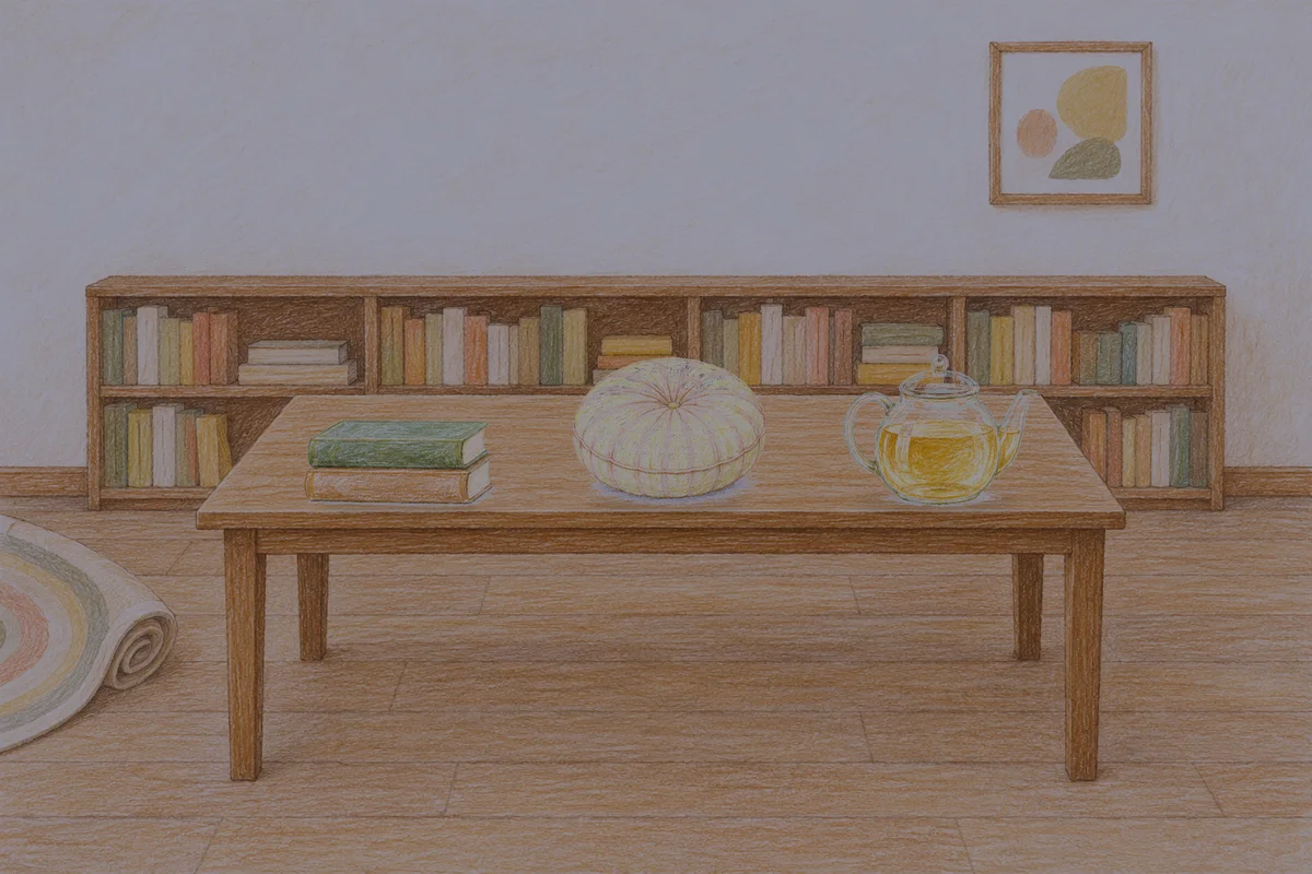 둔촌동 여성전용 경락마사지 안내 그림, 밤의 서재 긴 책상 위에 놓인 책 두 권, 둥근 쿠션, 유리 티포트