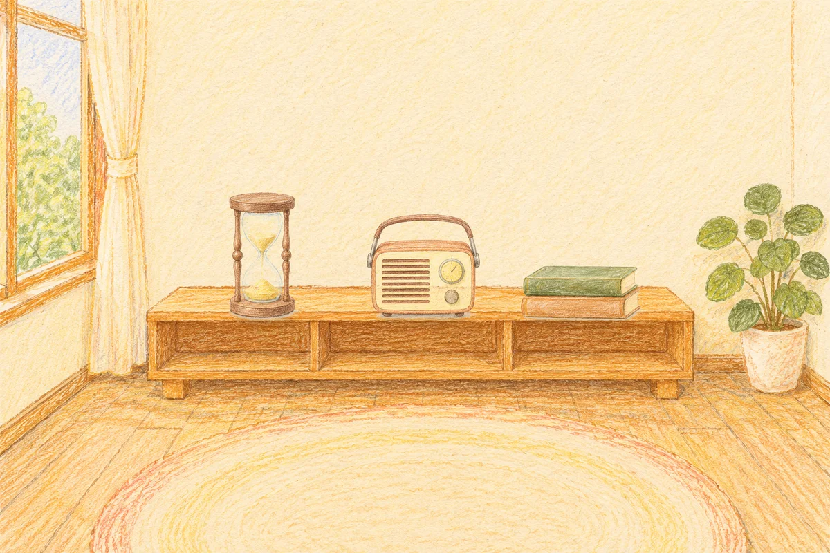 둔촌동 여성전용 바디 경락 안내 그림, 낮의 창가 낮은 선반 위에 놓인 모래시계, 작은 라디오, 책 두 권