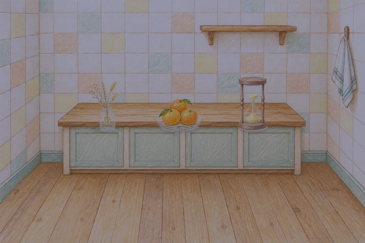 둔촌동 여성전용 경락 추천 안내 그림, 밤의 부엌 나무 조리대 위에 놓인 마른 풀을 꽂은 항아리, 귤이 담긴 접시, 모래시계