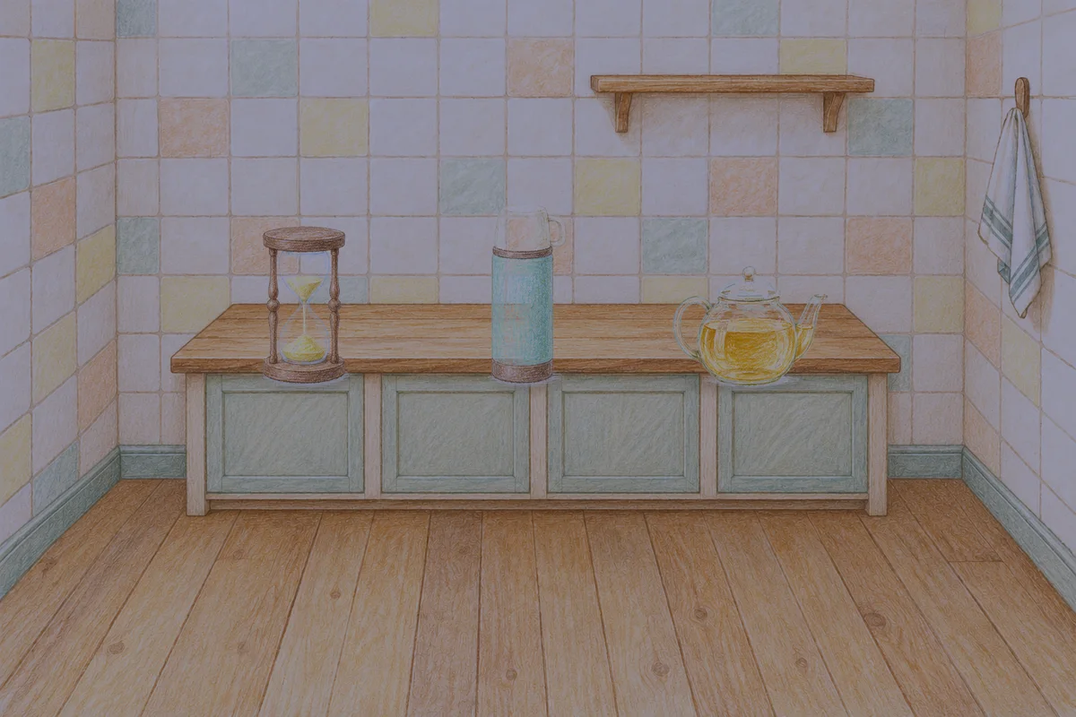 둔촌동 여성전용 홈케어 안내 그림, 밤의 부엌 나무 조리대 위에 놓인 모래시계, 보온병, 유리 티포트