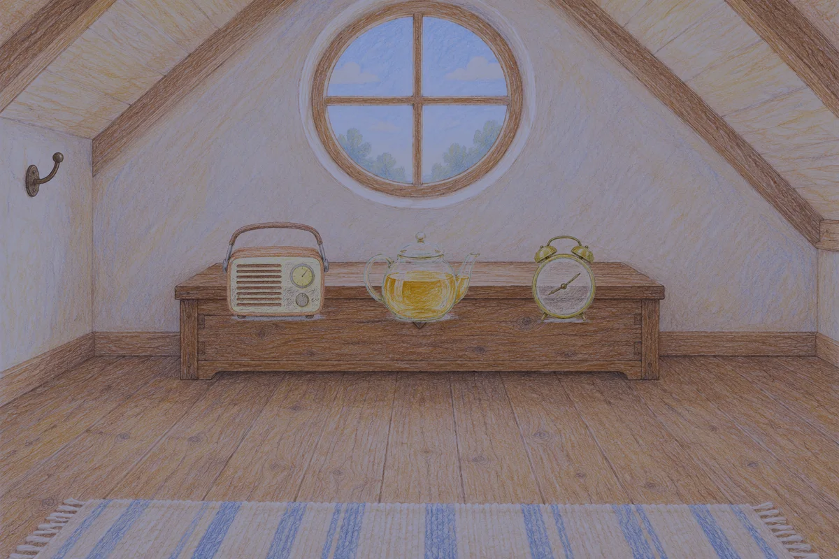 둔촌동 여성전용 방문 마사지 안내 그림, 밤의 다락방 나무 궤짝 위에 놓인 작은 라디오, 유리 티포트, 둥근 알람시계