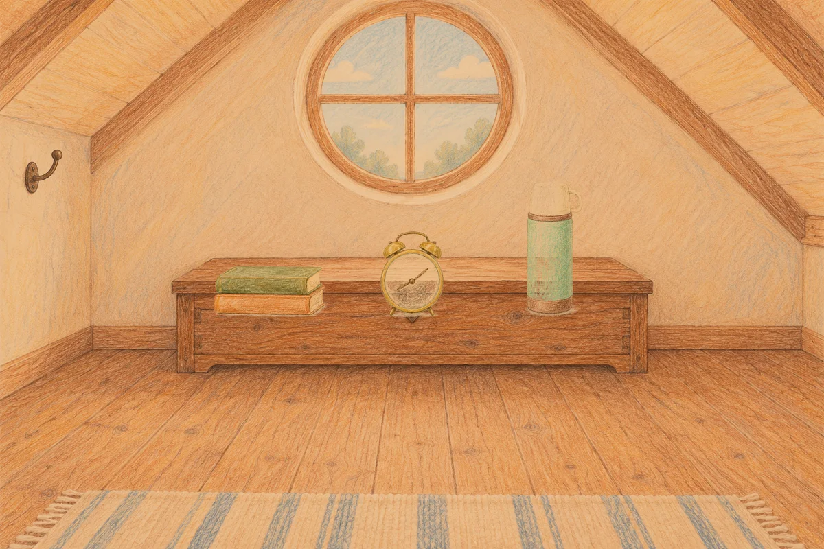둔촌동 여성전용 홈케어 서비스 안내 그림, 저녁의 다락방 나무 궤짝 위에 놓인 책 두 권, 둥근 알람시계, 보온병
