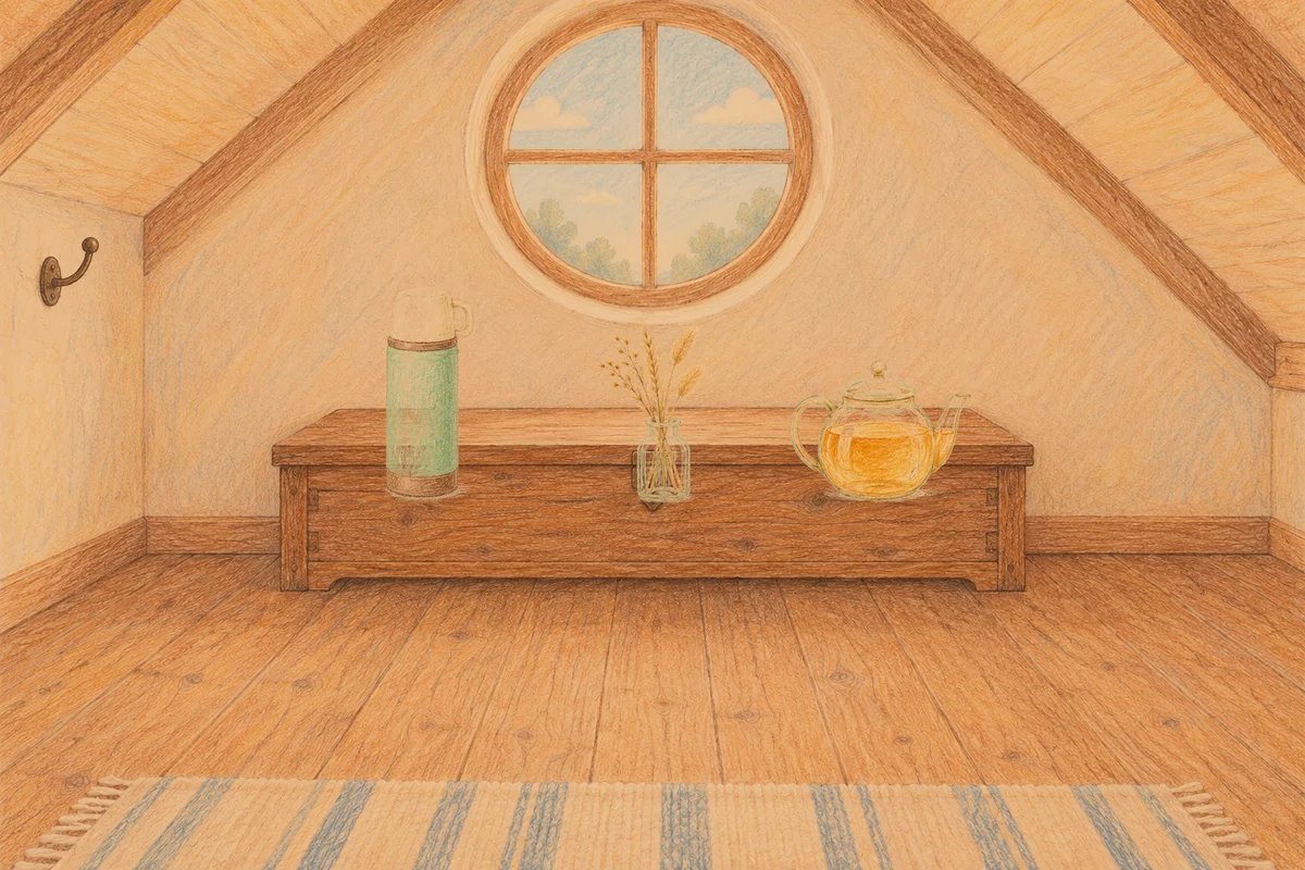 둔촌동 여성전용 방문 홈케어 안내 그림, 저녁의 다락방 나무 궤짝 위에 놓인 보온병, 마른 풀을 꽂은 항아리, 유리 티포트