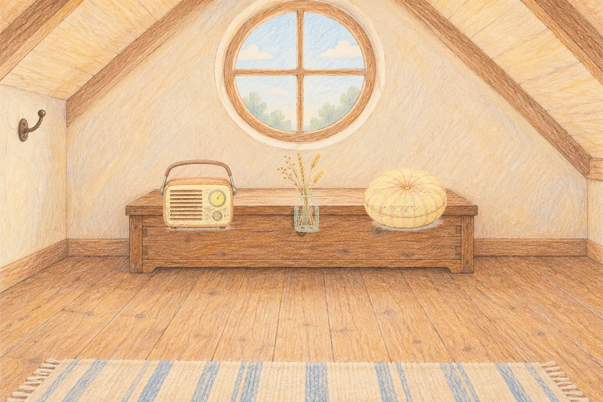 둔촌동 여성전용 1인샵 안내 그림, 낮의 다락방 나무 궤짝 위에 놓인 작은 라디오, 마른 풀을 꽂은 항아리, 둥근 쿠션