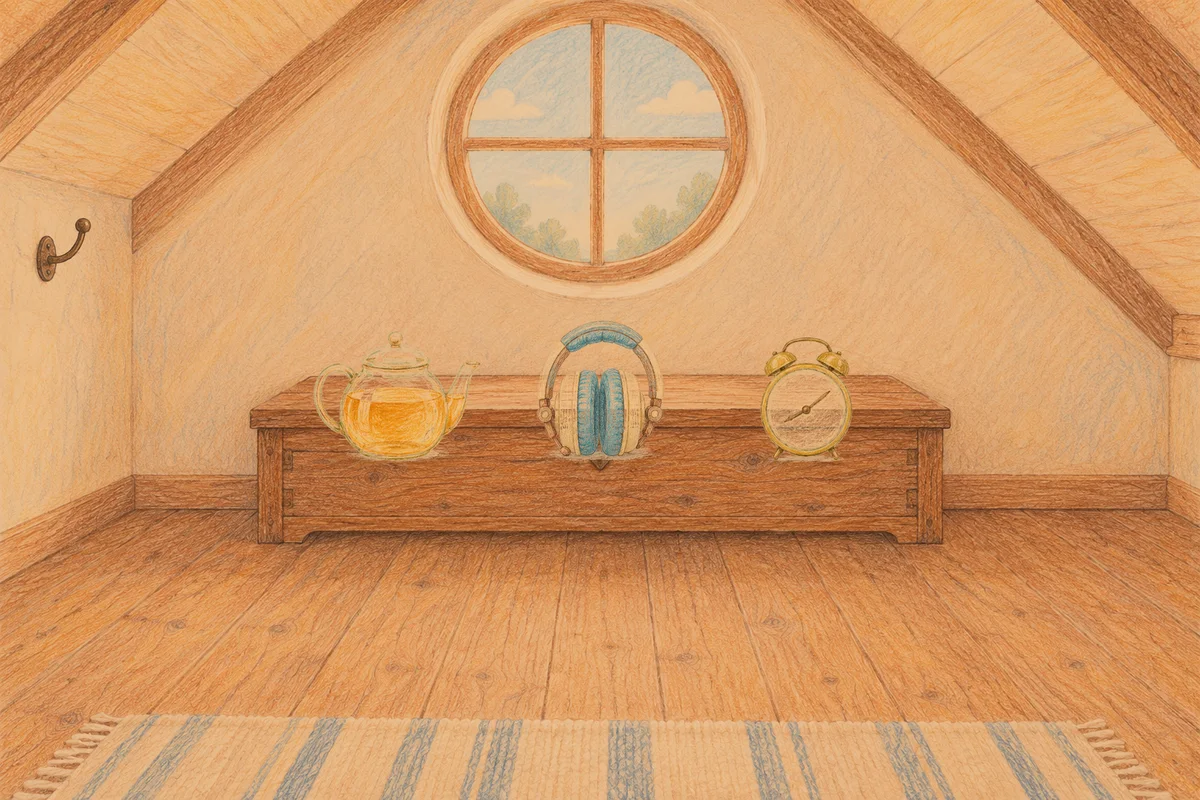 둔촌동 여성전용 홈케어 후기 안내 그림, 저녁의 다락방 나무 궤짝 위에 놓인 유리 티포트, 헤드폰, 둥근 알람시계