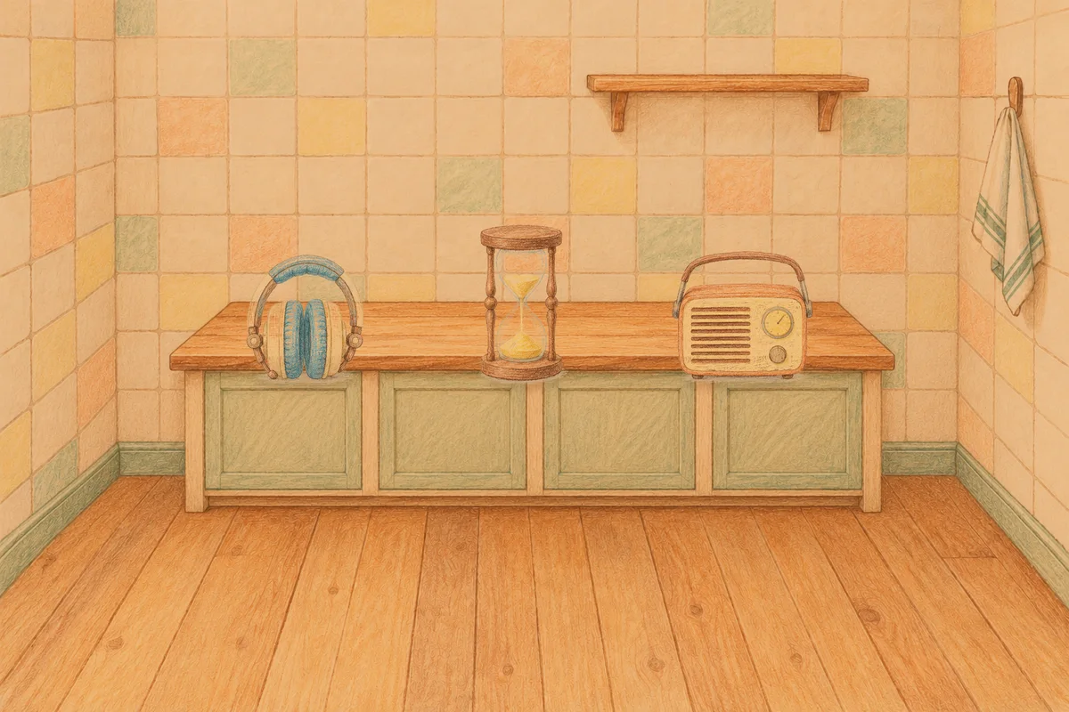 둔촌동 여성전용 홈케어 추천 안내 그림, 저녁의 부엌 나무 조리대 위에 놓인 헤드폰, 모래시계, 작은 라디오