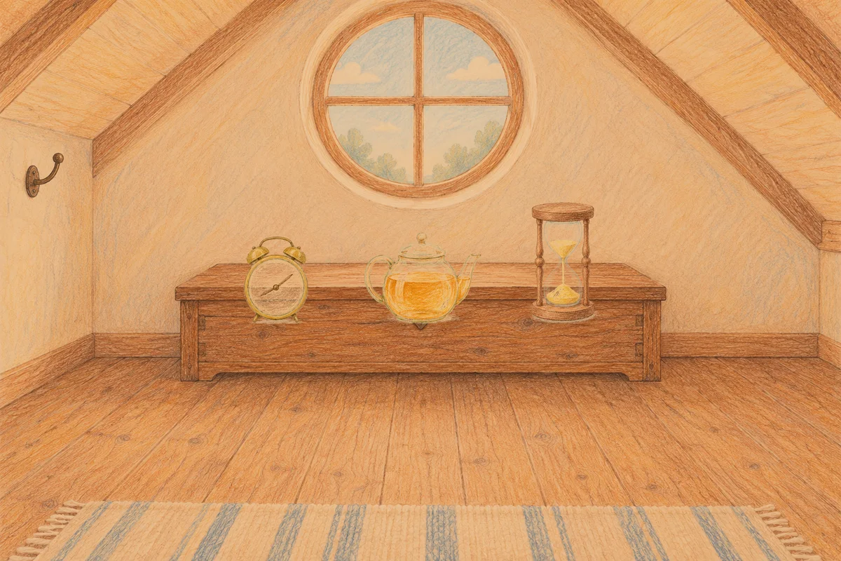 둔촌동 여성전용 발관리 안내 그림, 저녁의 다락방 나무 궤짝 위에 놓인 둥근 알람시계, 유리 티포트, 모래시계