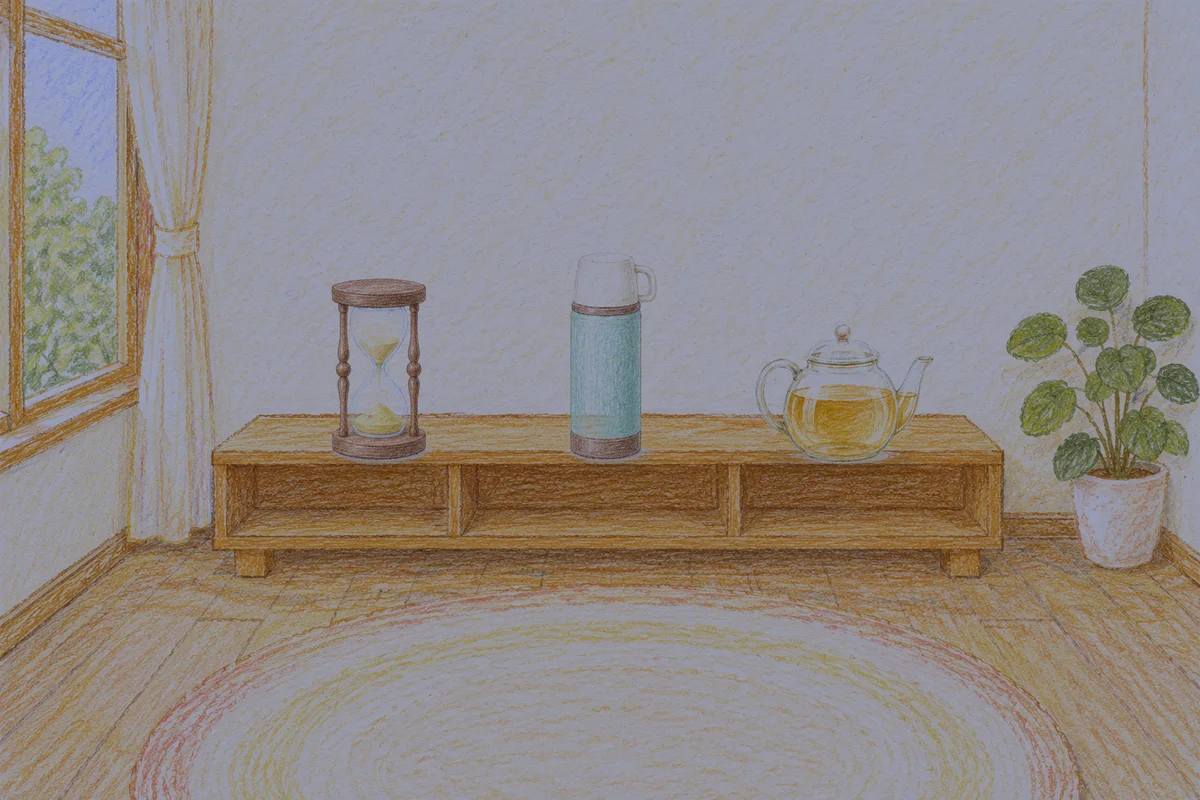 둔촌동 여성전용 발마사지 안내 그림, 밤의 창가 낮은 선반 위에 놓인 모래시계, 보온병, 유리 티포트